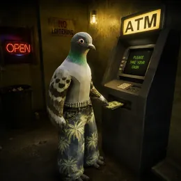 pigin taking cash out of a street ATM at night
