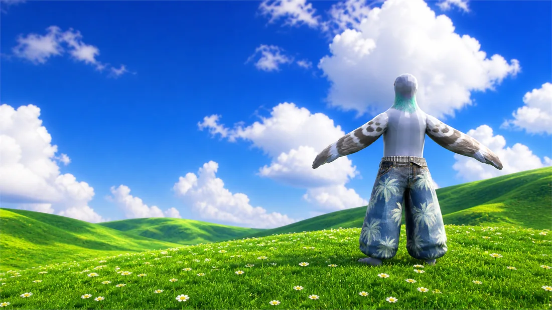 pigin facing the sky on a green hill